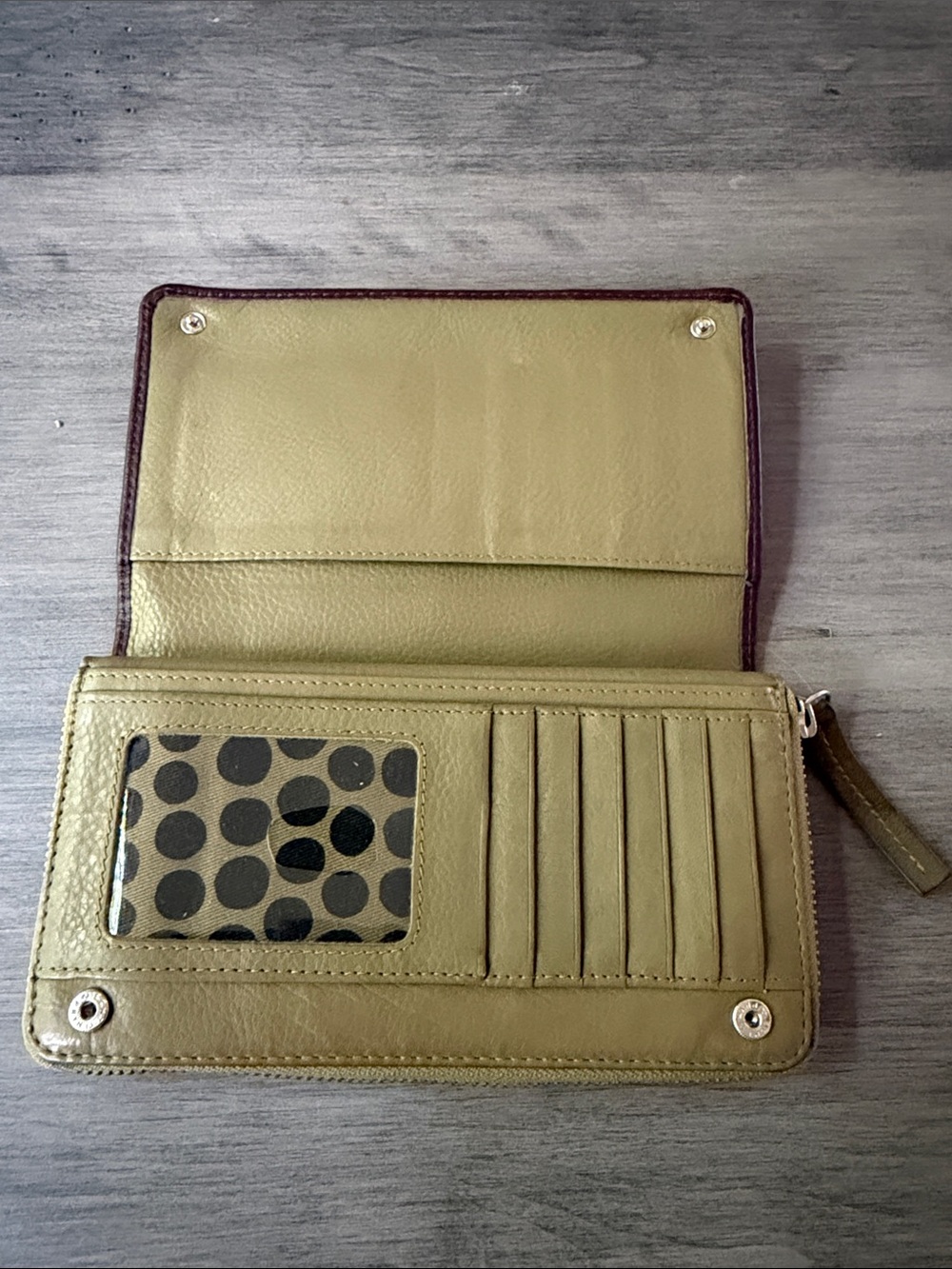 Marimekko Leather Zip Around Wallet Purple & Olive Green Polka Dot Lining - Picture 2 of 4